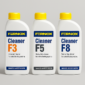 Fernox F3, F5 en F8 cleaners naast elkaar voor het reinigen van cv-installaties en vloerverwarming